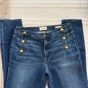 Frame Denim Women's High Rise Blue Jeans with Gold Accents
